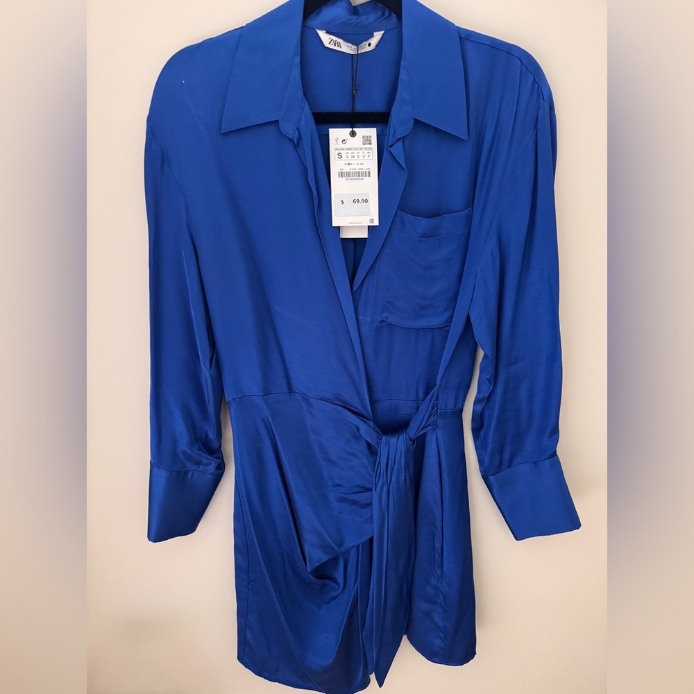 Zara Royal Blue Satin Shirt-Dress
